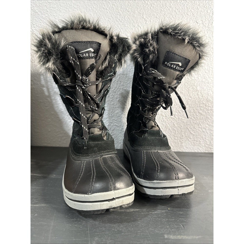 Polar Edge Women's Size 7 Winter Boots Thinsulate Black Suede Leather Faux Fur